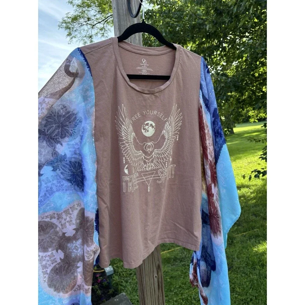 Upcycled Boho Kimono Sleeve Top Free Spirit Graphic Tee One Size Fits Most - Picture 2 of 4